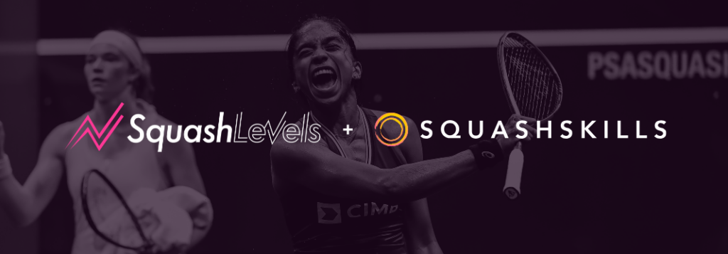 SquashLevels and SquashSkills logos next to each other with a squash player celebrating in the background.